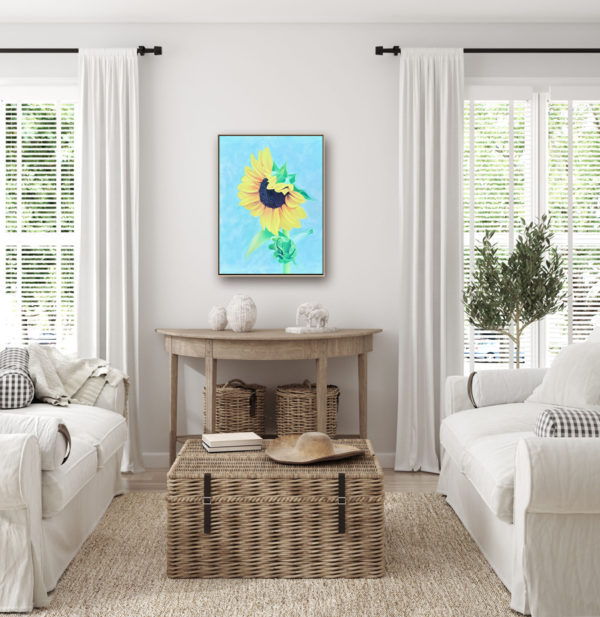 A painting of a single yellow sunflower on a turquoise background artwork for living room bedroom or kitchen