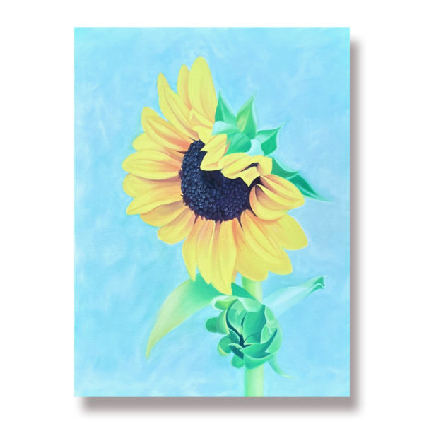 A painting of a single yellow sunflower on a turquoise background