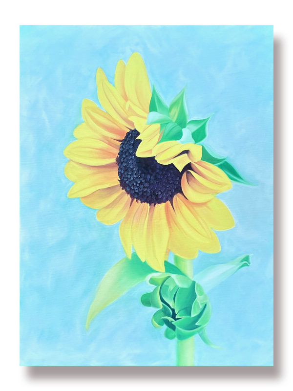 A painting of a single yellow sunflower on a turquoise background