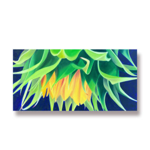 A oil painting of a closeup of a sunflower, yellow and blue and green painting of a sunflower