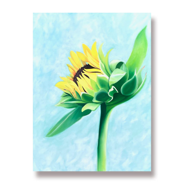 A painting of a single yellow sunflower on a turquoise background