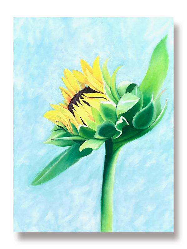 A painting of a single yellow sunflower on a turquoise background