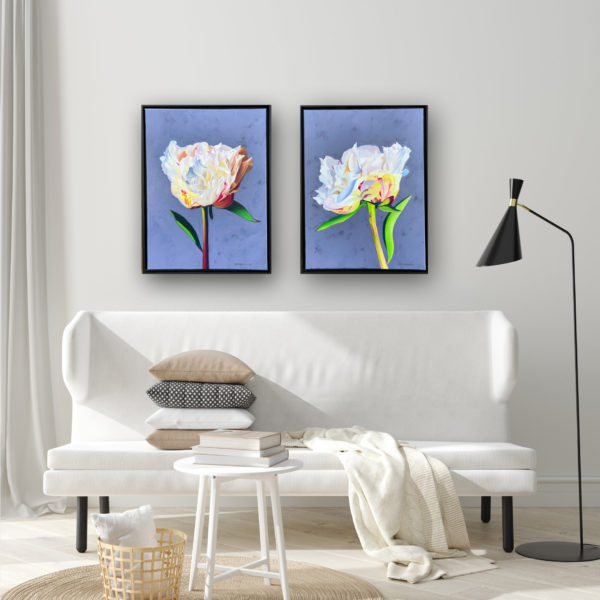 Two peony oil paintings in a home interior setting