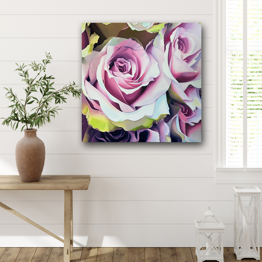 Two peony oil paintings in a home interior setting